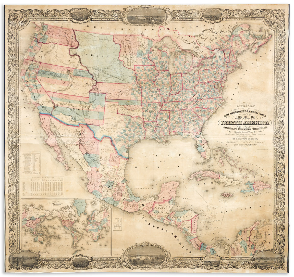 (NORTH AMERICA -- WALL MAP.) D. Griffing Johnson. Johnsons New Illustrated & Embellished County Map of the Republics of North America